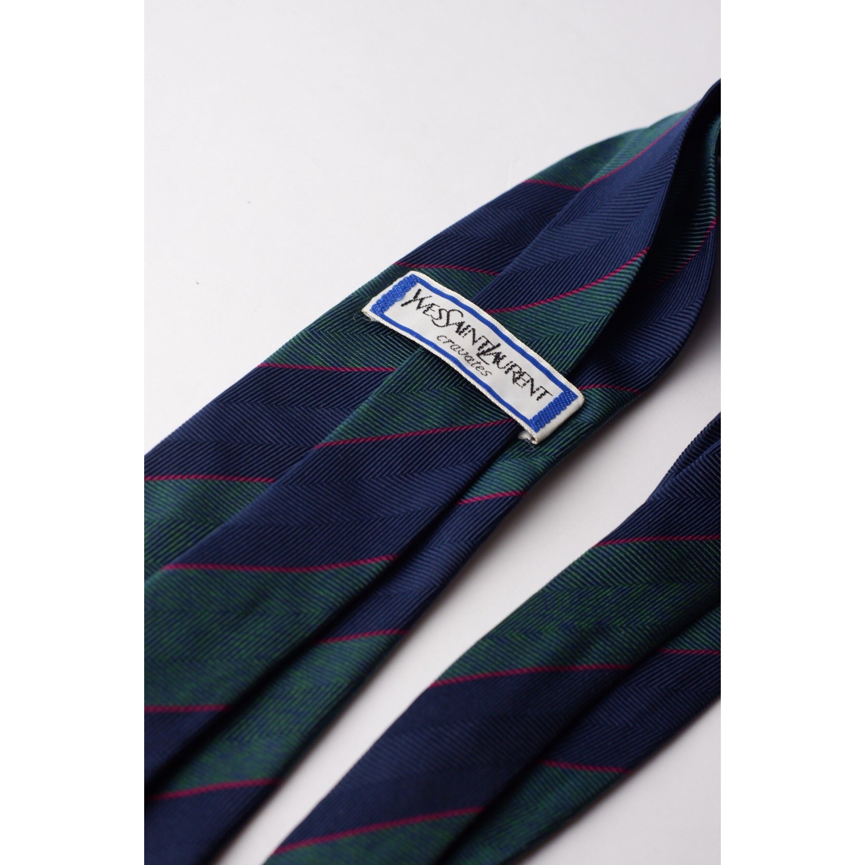 Yves Saint Laurent Navy and Green Herringbone with Red Stripes Necktie