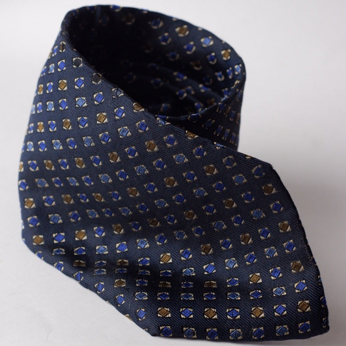 Drake's Navy with Blue and Brown Diamonds Squares Necktie