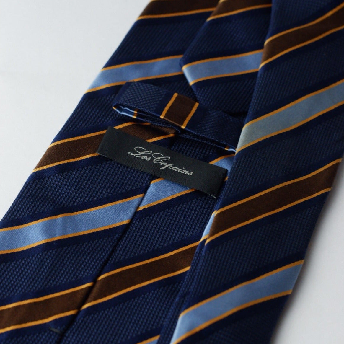 Les Copairs Navy with Brown and Light Blue Stripes Necktie