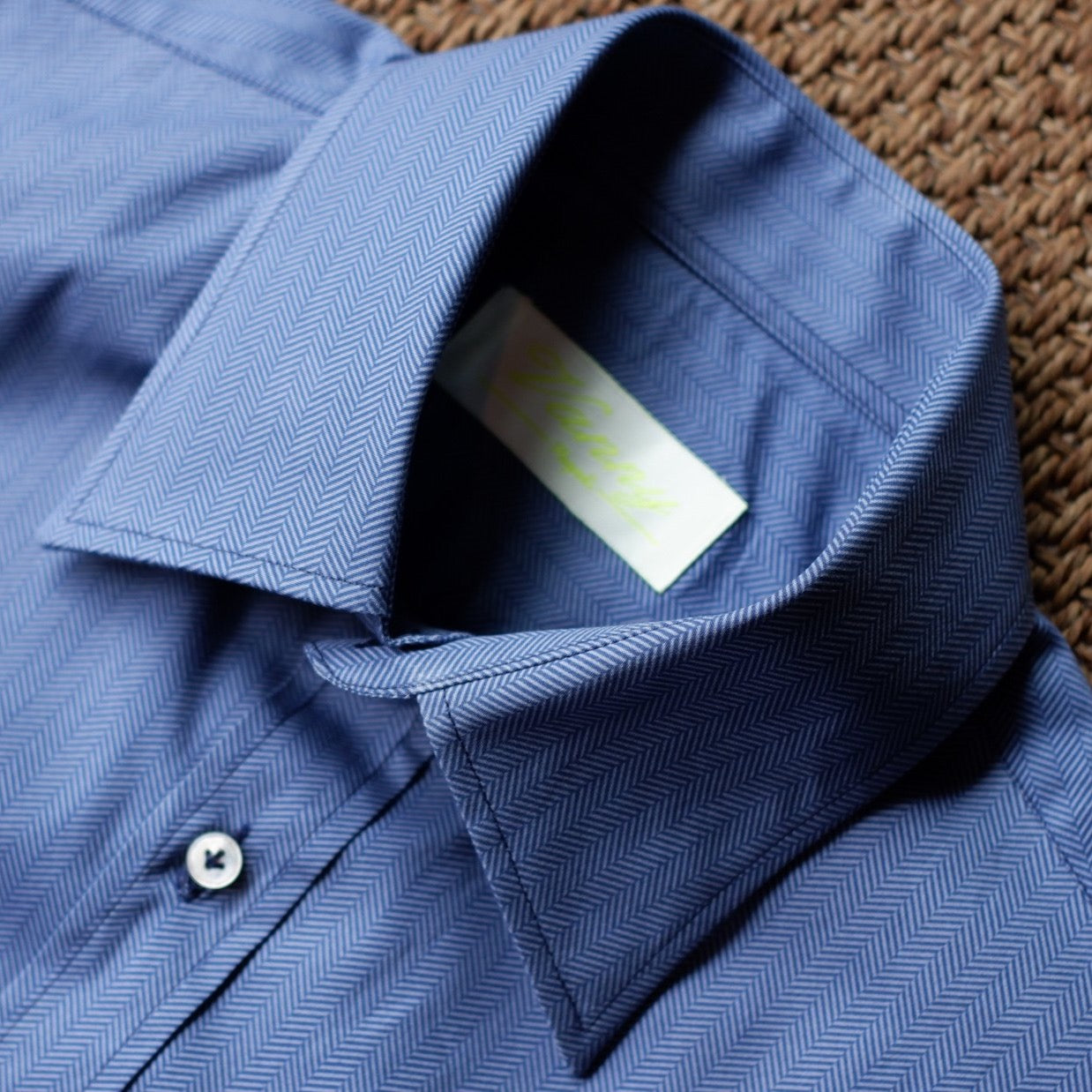 Vanny Napoli Blue Herringbone Spread Collar Shirt with French Cuffs